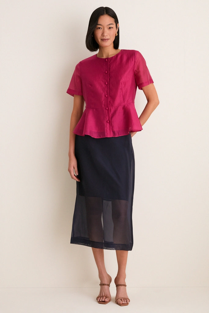rosette tulle peplum blouse ピンク Raspberry Organza Peplum Sylvette Blouse | Tuckernuck