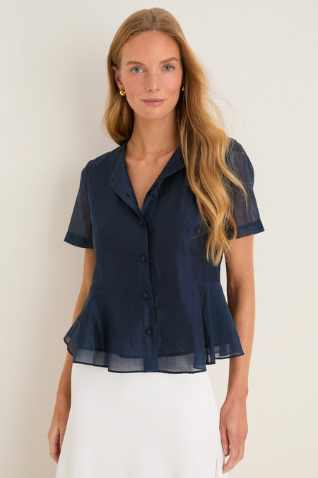 Navy Organza Peplum Sylvette Blouse