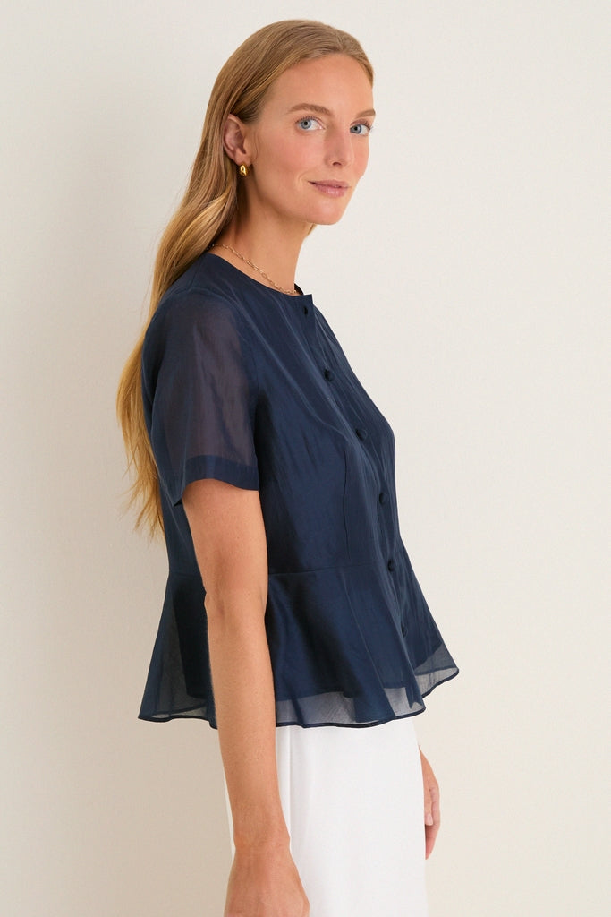 Navy Organza Peplum Sylvette Blouse