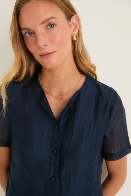 Navy Organza Peplum Sylvette Blouse