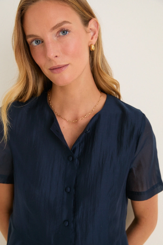 Navy Organza Peplum Sylvette Blouse