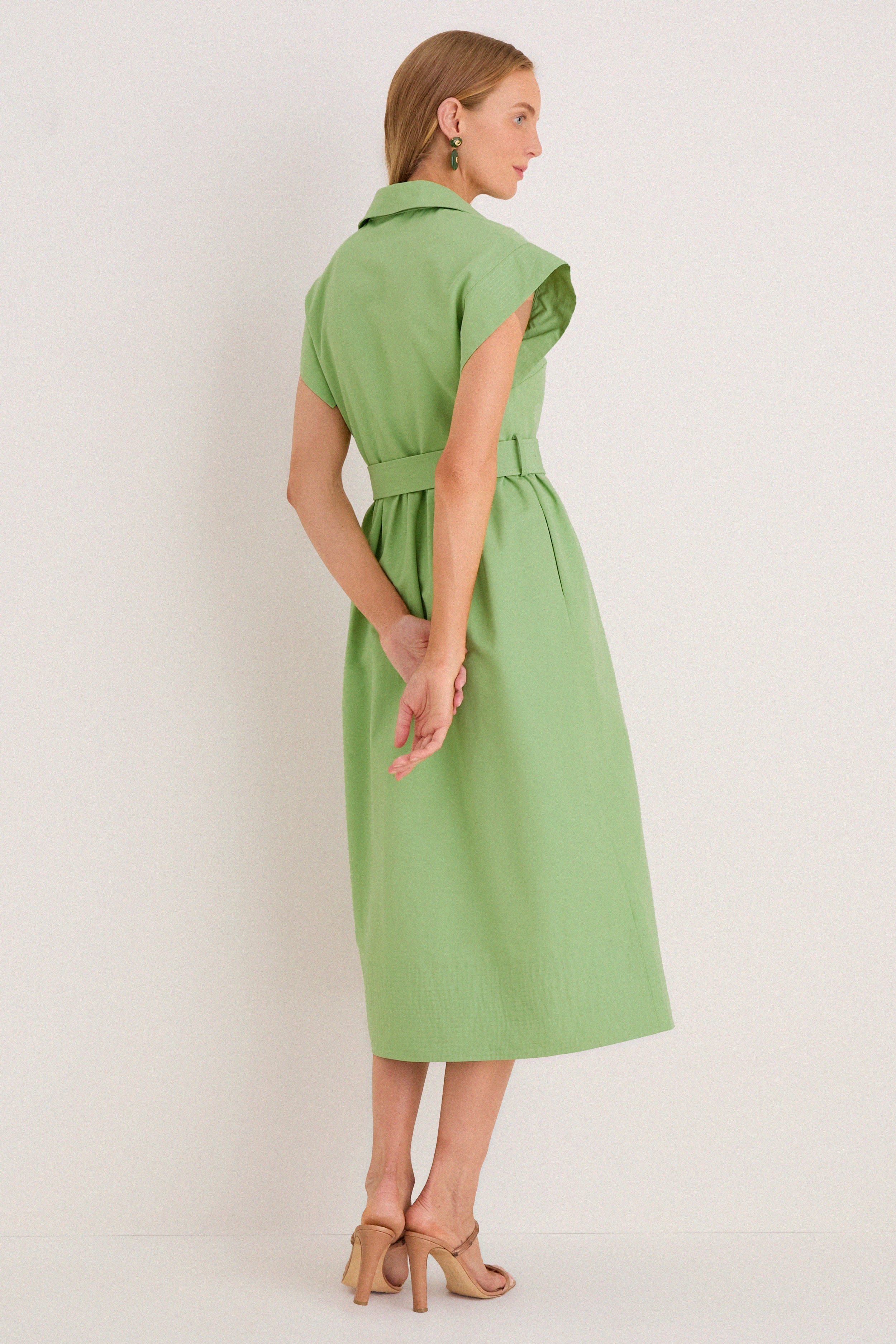 Pistachio Chloe Dress: A classic, sleeveless shirt-dress with a fabric belt, creating an effortless, high-end look, paired with open-toed tan heels for fun sophistication.