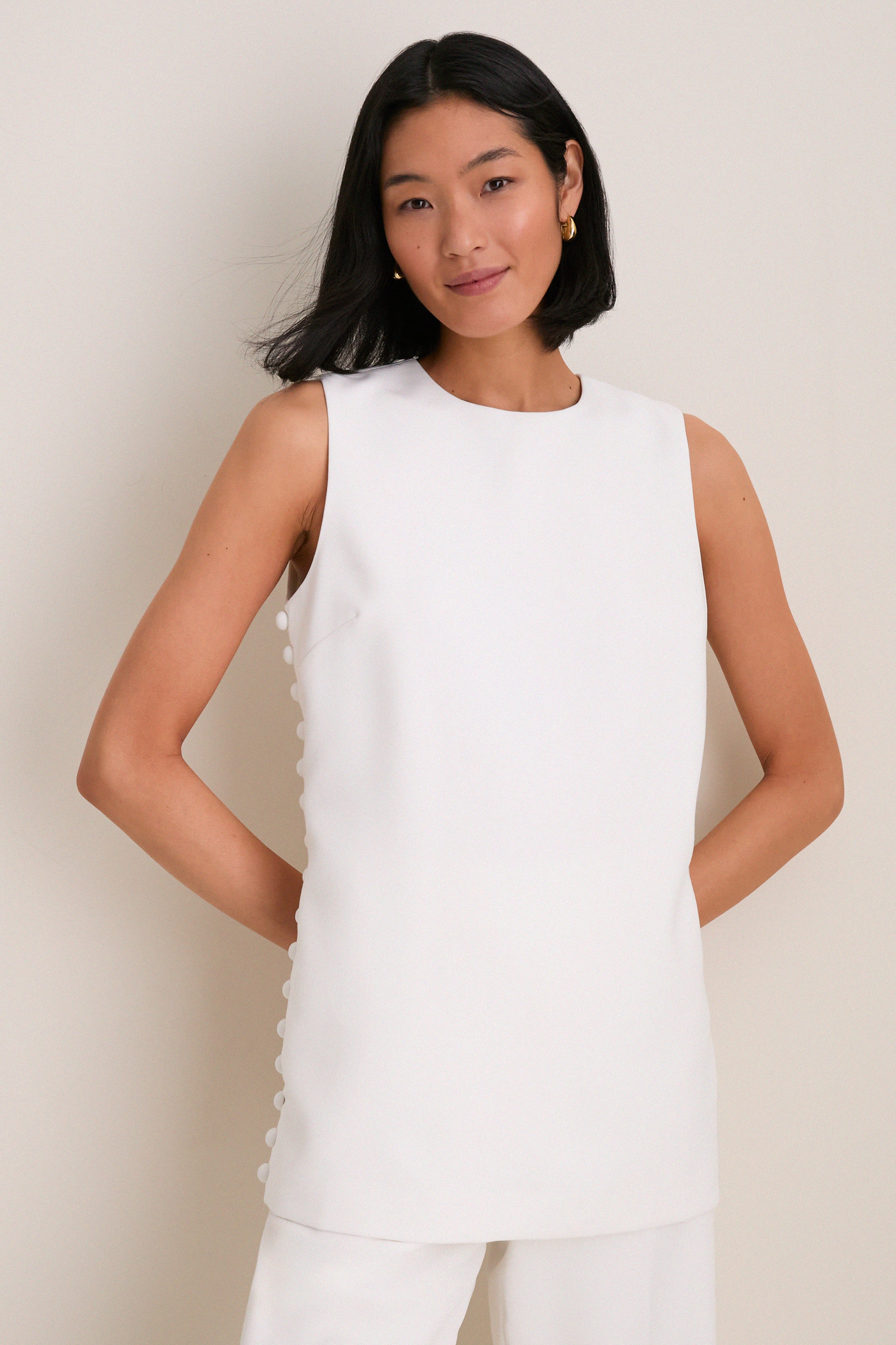 White Crepe Sleeveless Covered Buttons Millie Top | Tuckernuck