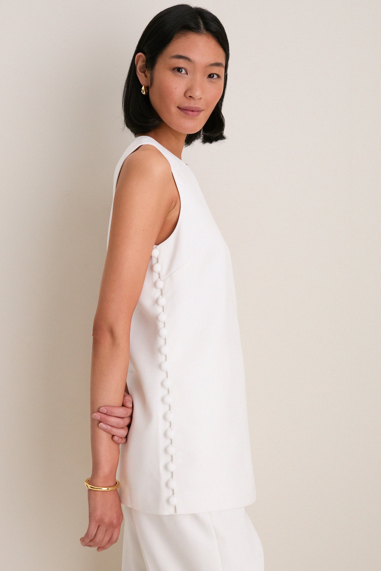 White Crepe Sleeveless Covered Buttons Millie Top
