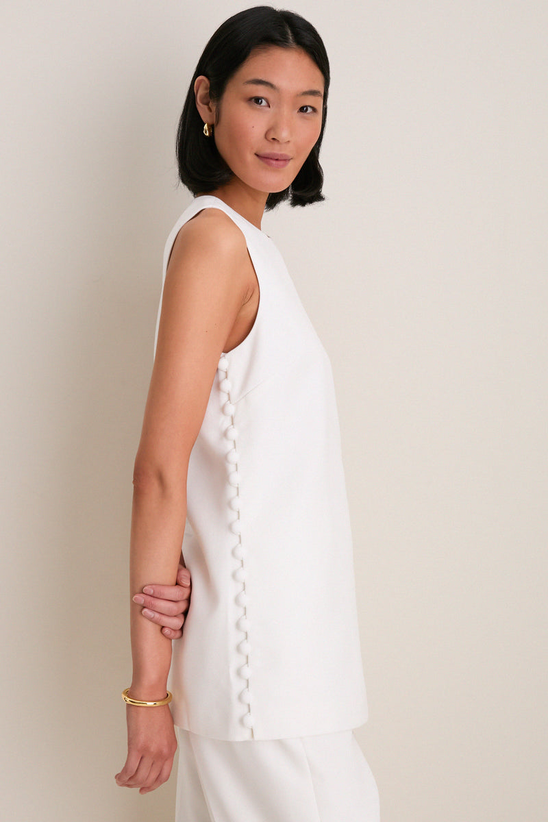 White Crepe Sleeveless Covered Buttons Millie Top