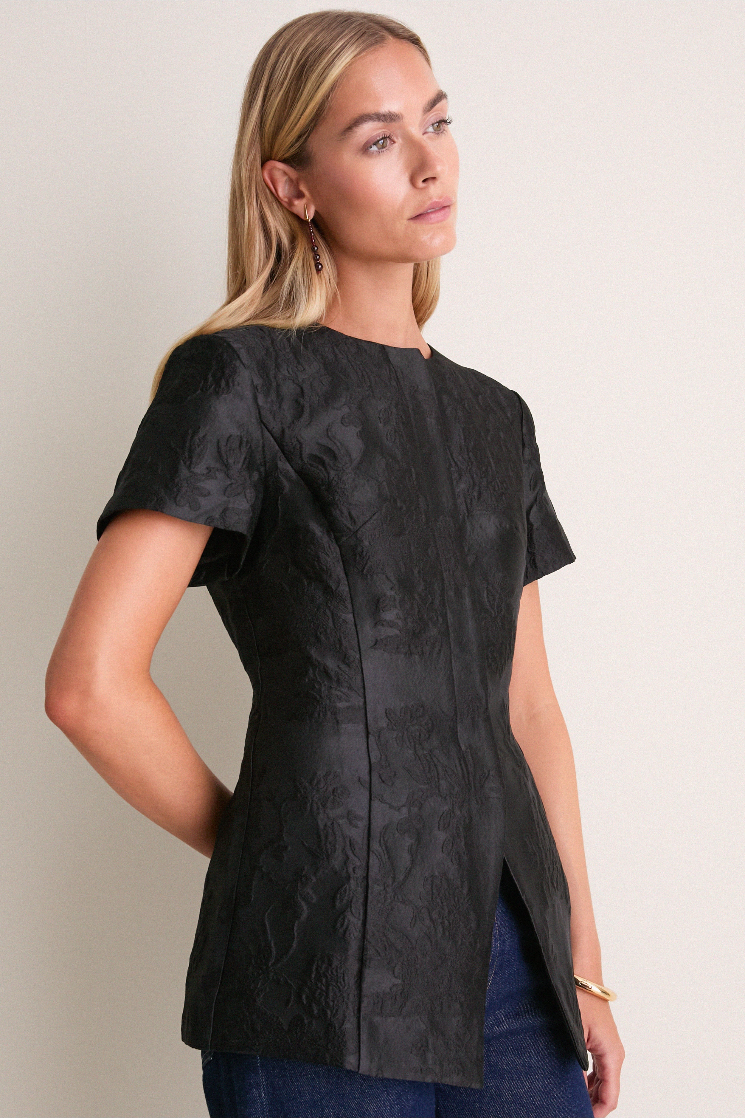 Black Jacquard Short Sleeve Duke Top