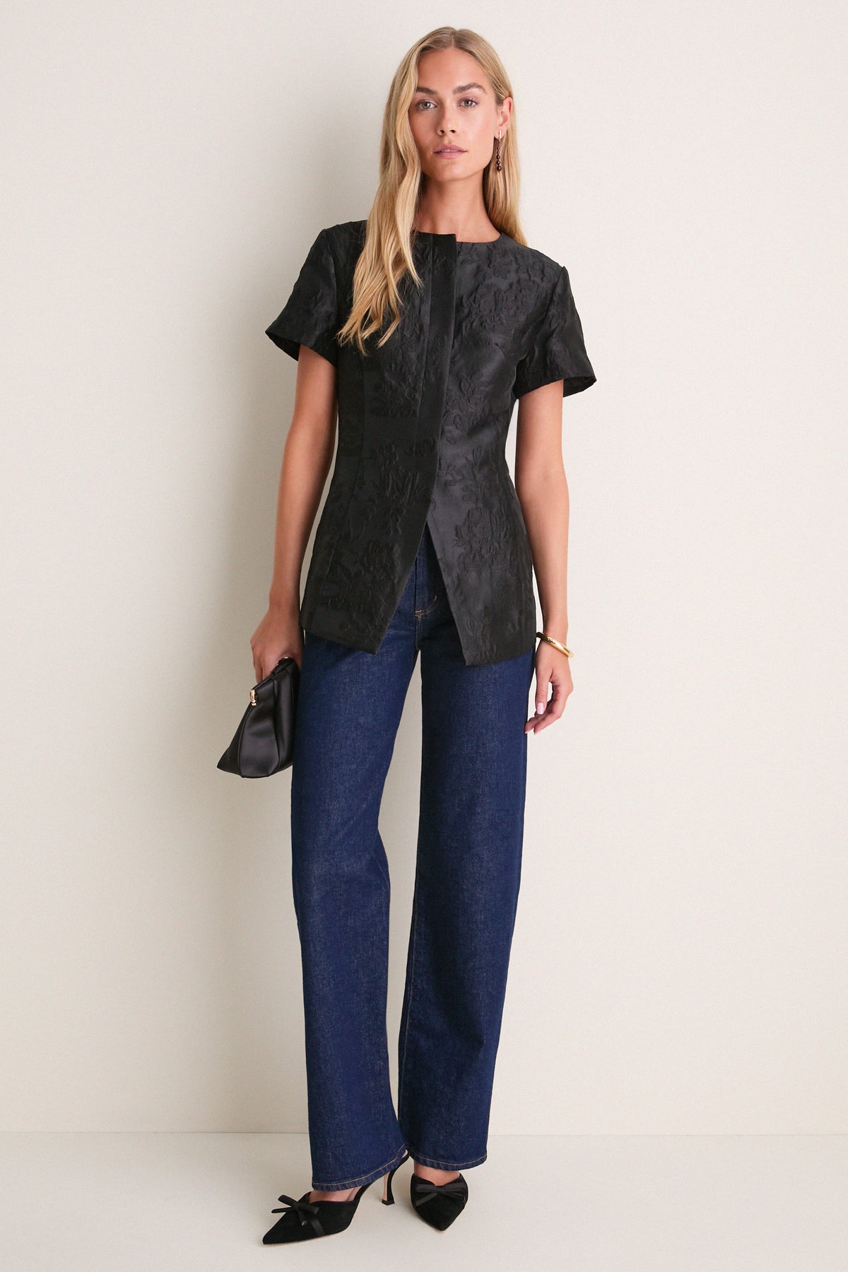 Black Jacquard Short Sleeve Duke Top