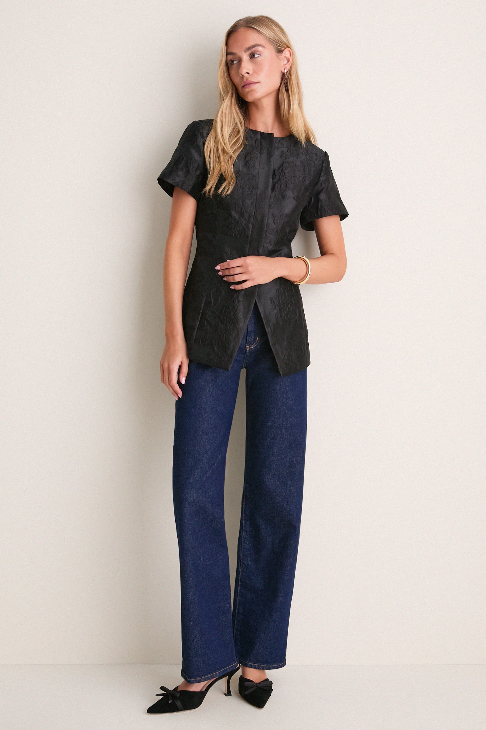 Black Jacquard Short Sleeve Duke Top