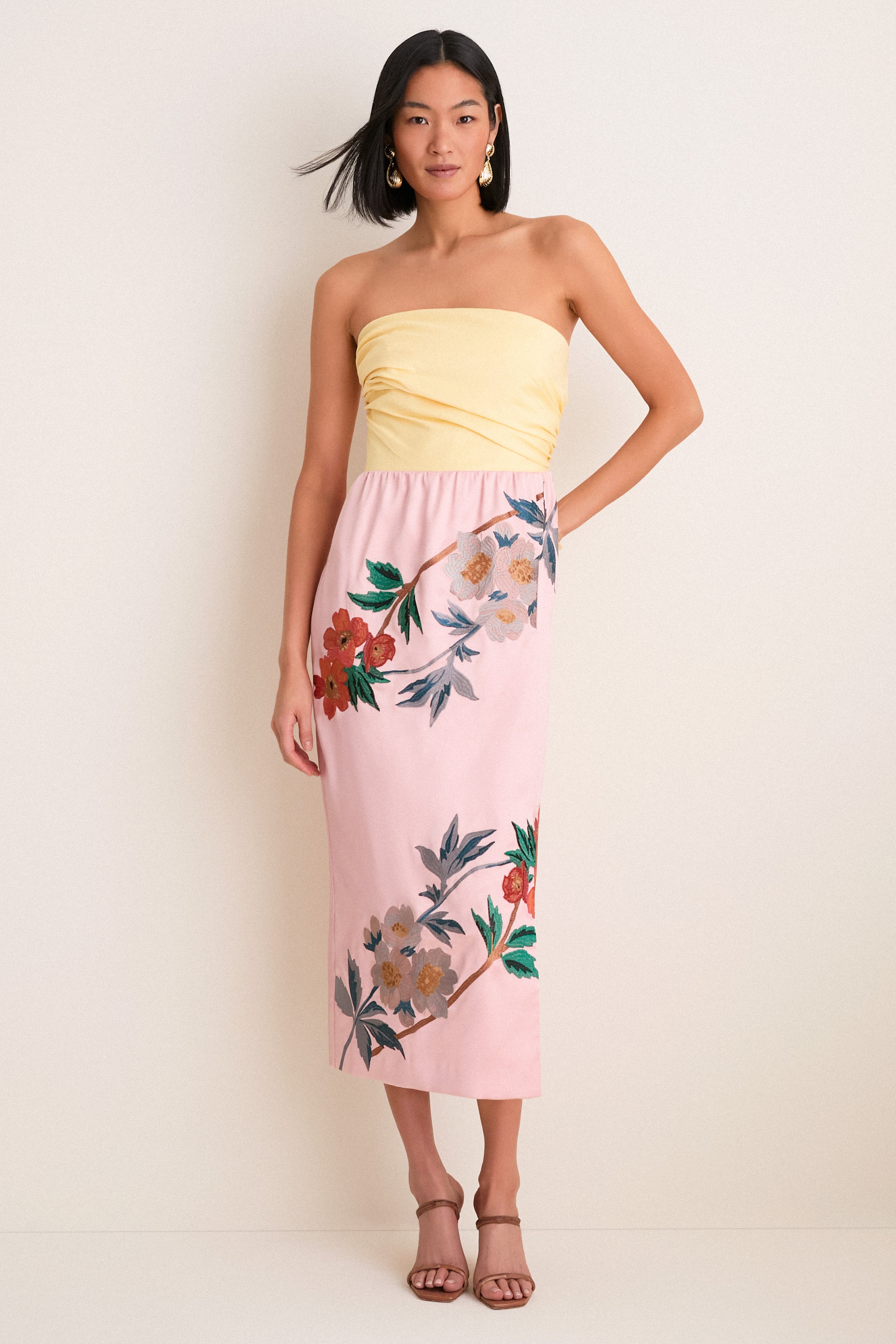 pink midi dress strapless Tuckernuck Powder Pink Embroidered Satin Strapless Sonia Dress Powder Pink / 8