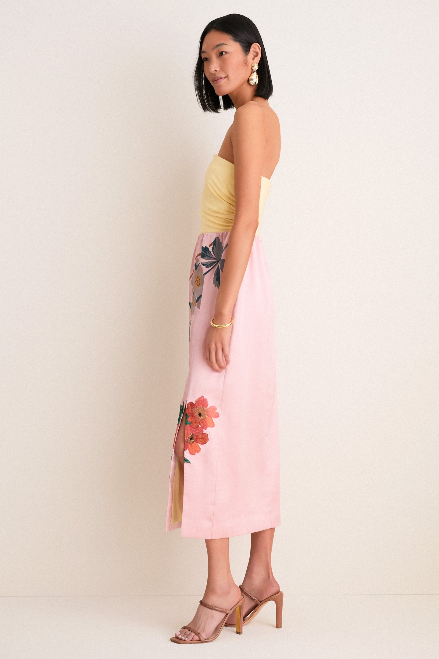 Powder Pink Embroidered Satin Strapless Sonia Dress