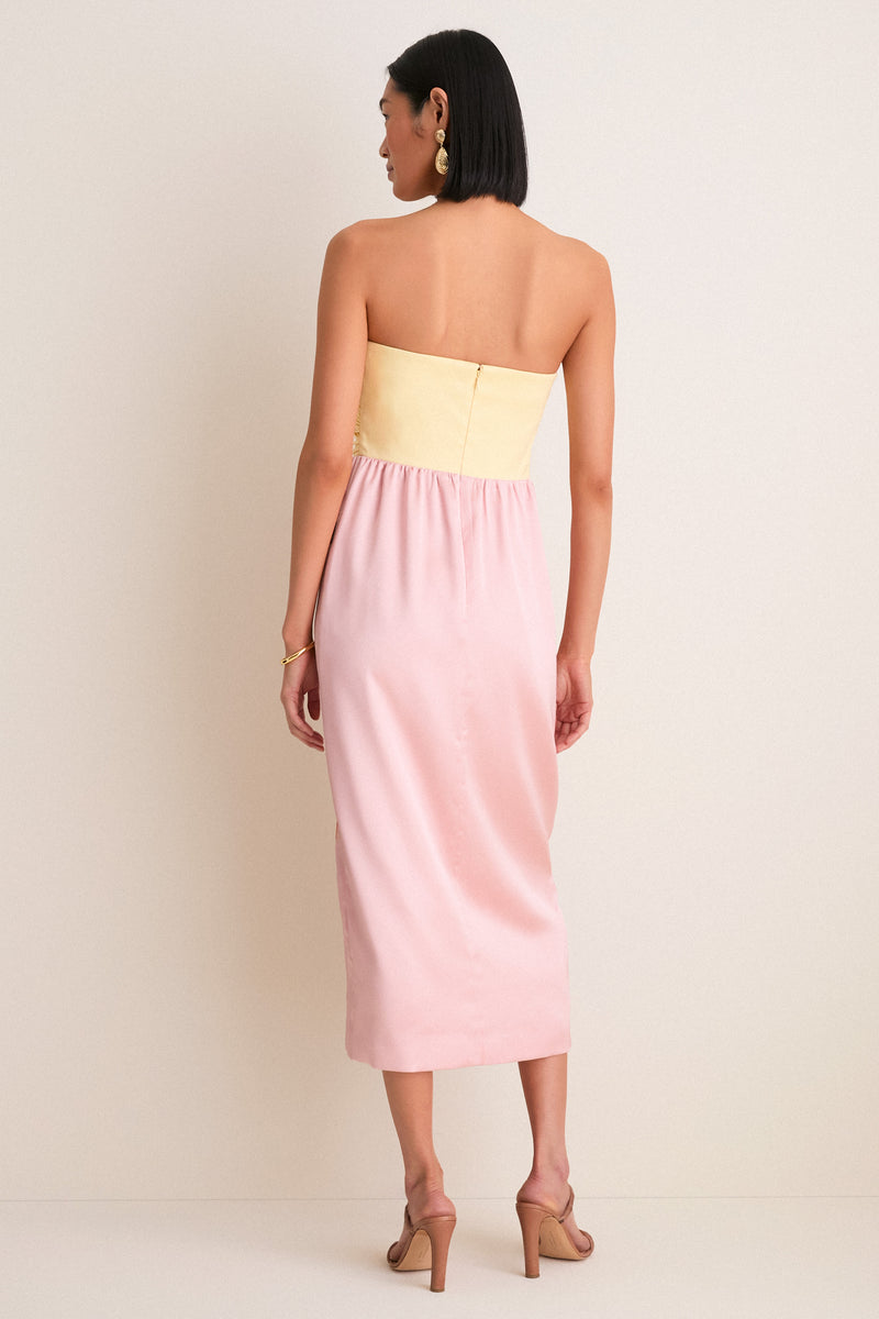 Powder Pink Embroidered Satin Strapless Sonia Dress