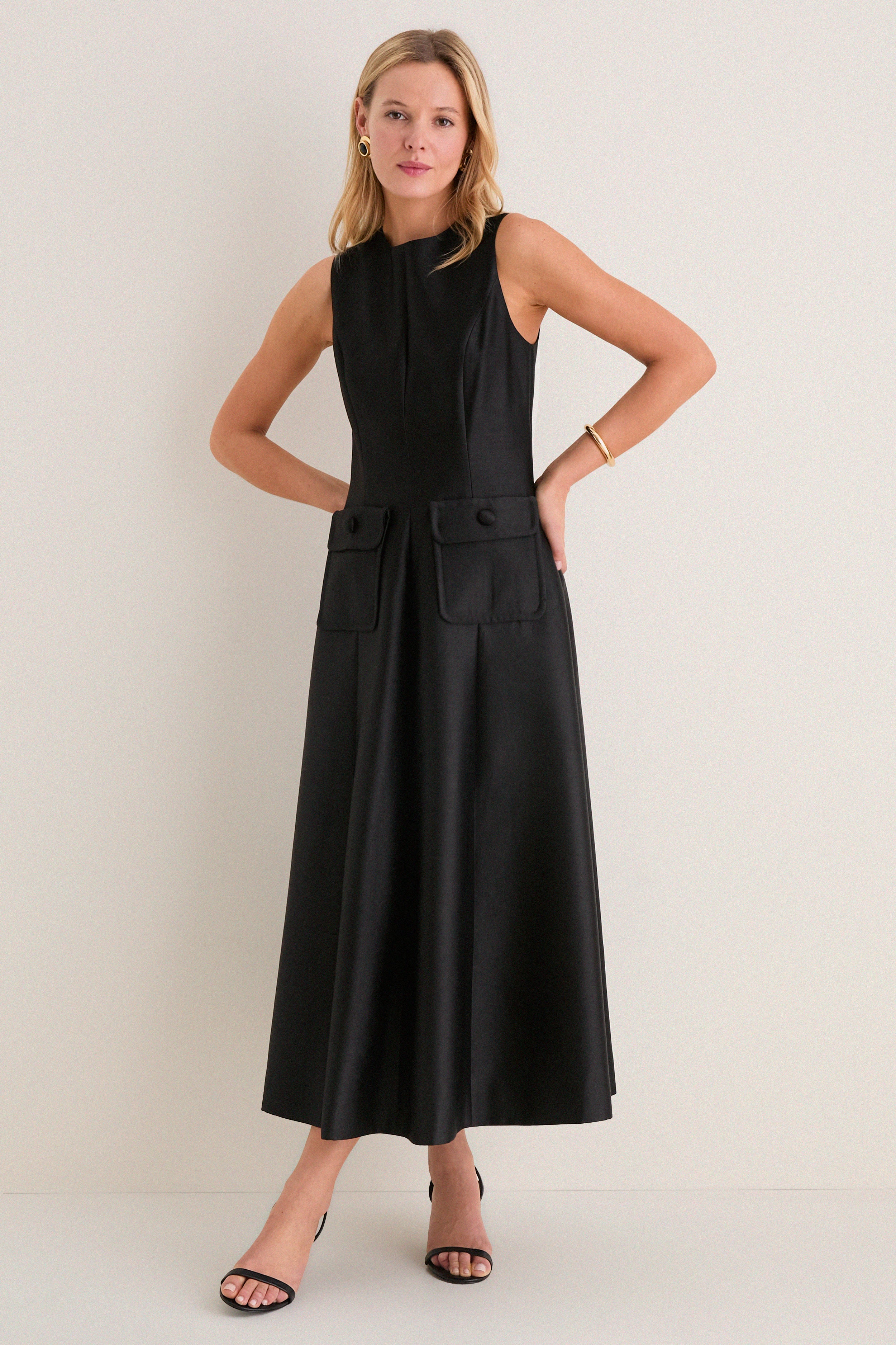 knee length dresses for ladies cuba black cotton midi dress with pockets 3 sizes machine washable – cove main image 0