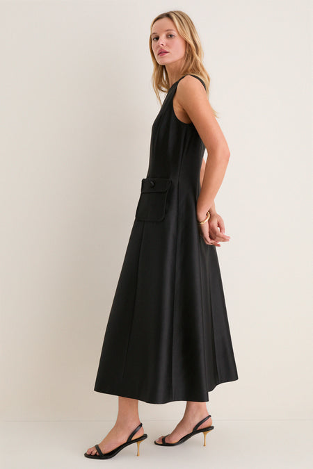 Black Dupioni Helene Midi Dress