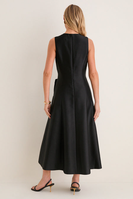 Black Dupioni Helene Midi Dress