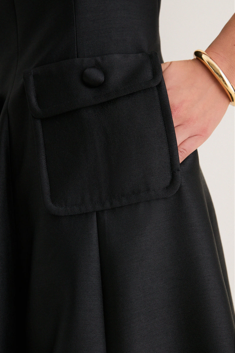 Black Dupioni Helene Midi Dress