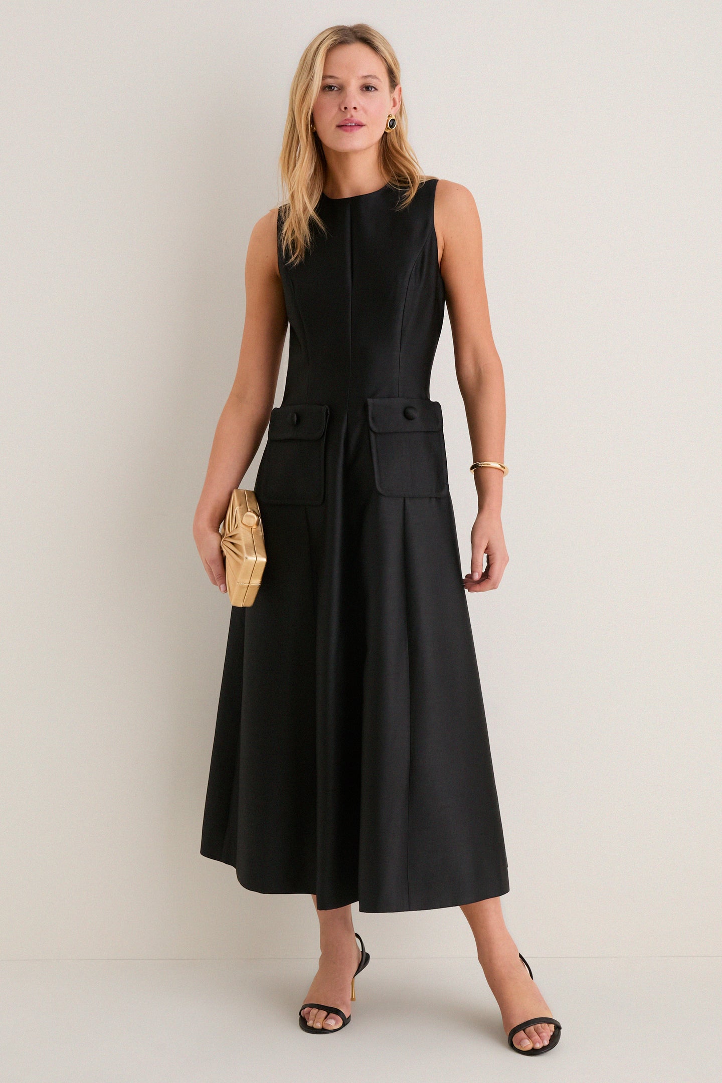 Black Dupioni Helene Midi Dress