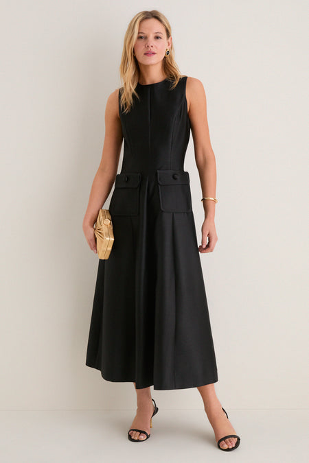 Black Dupioni Helene Midi Dress