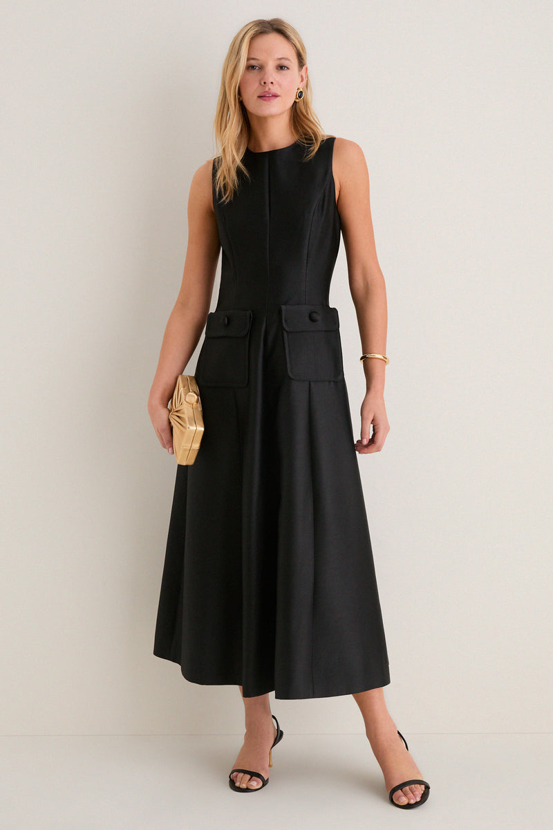Black Dupioni Helene Midi Dress