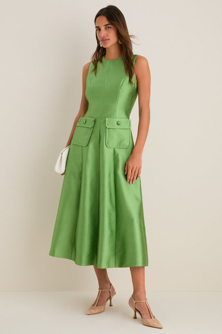 Pistachio Dupioni Helene Midi Dress