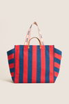 Poppy and French Blue Beach Tote: Classic woven tote with effortless red and blue stripes, featuring dual handles for versatile carrying. Perfect for fun, high-end summer outings.