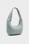 Classic Baby Blue Gnocchi Bag, a high-end, effortless hobo-style shoulder bag featuring soft suede, gold-tone zipper, and crescent-shaped body for versatile, fun everyday elegance.