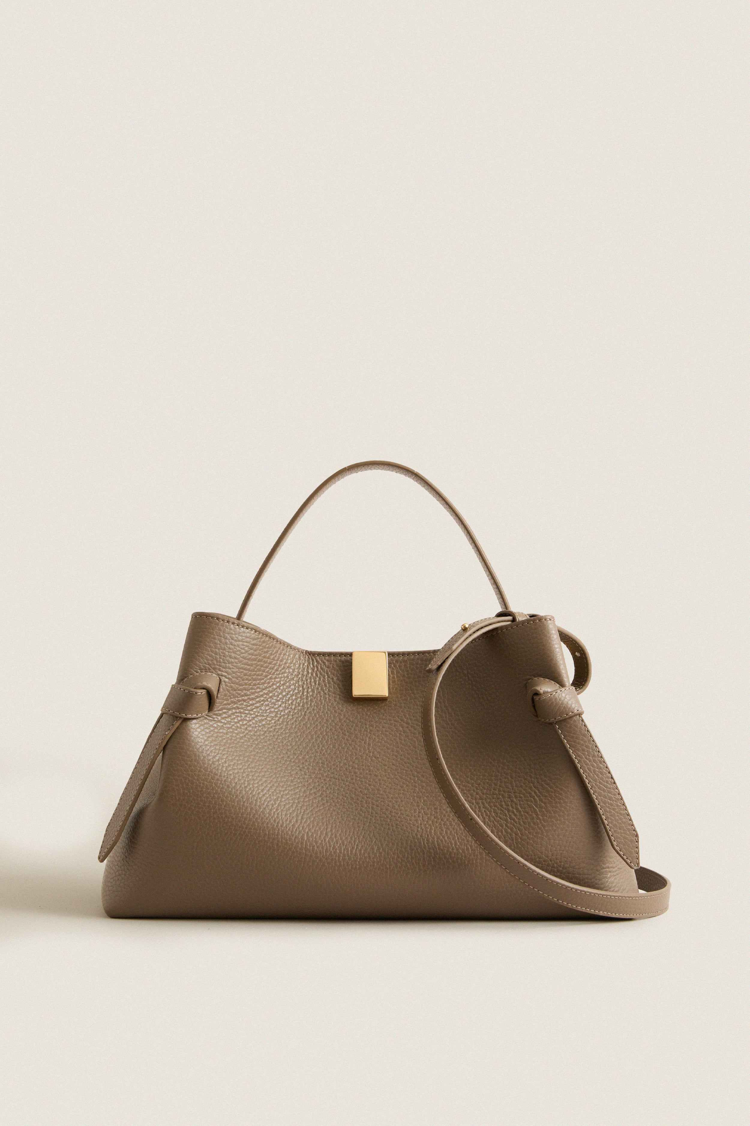 Taupe Pebble Grain Leather Gyoza Bag | Yuzefi