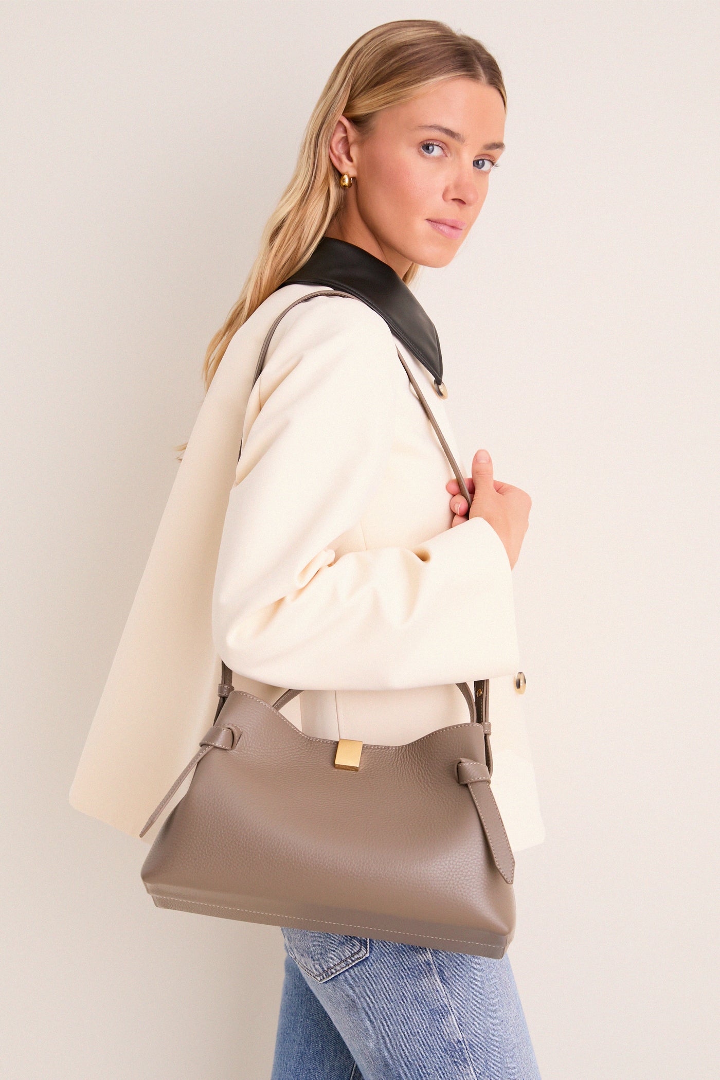 Taupe Pebble Grain Leather Gyoza Bag