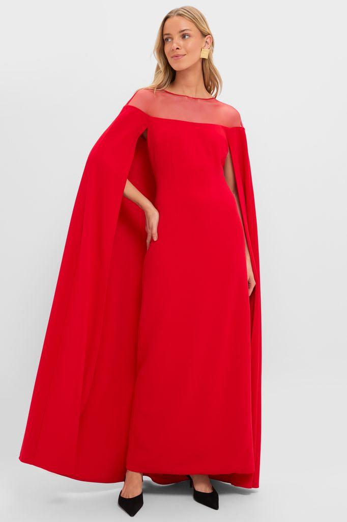 red cape dress Jovani 07652 Size 8 Prom Sleeves Pageant Gown Slit off the shoulder Sleeveless dress with high neckline Wanting More | RED Satin