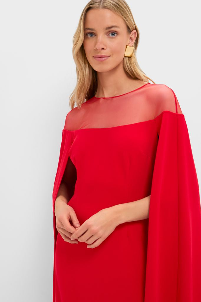 red cape maxi dress RED ROUND NECKLINE SLEEVELESS GOWN WITH LONG LACE CAPE | CULT MIA