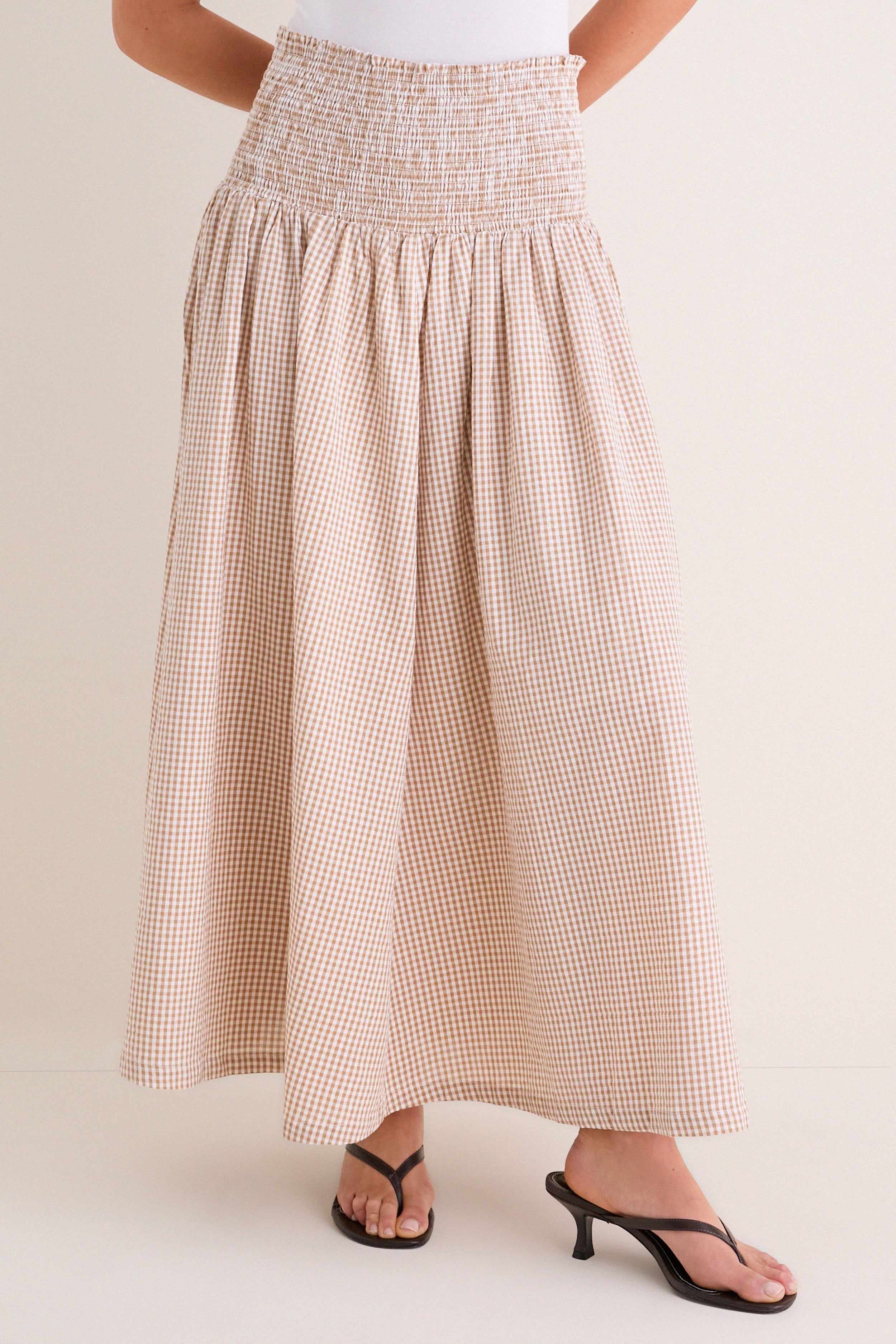 Cafe Check Smocked Maxi Skirt