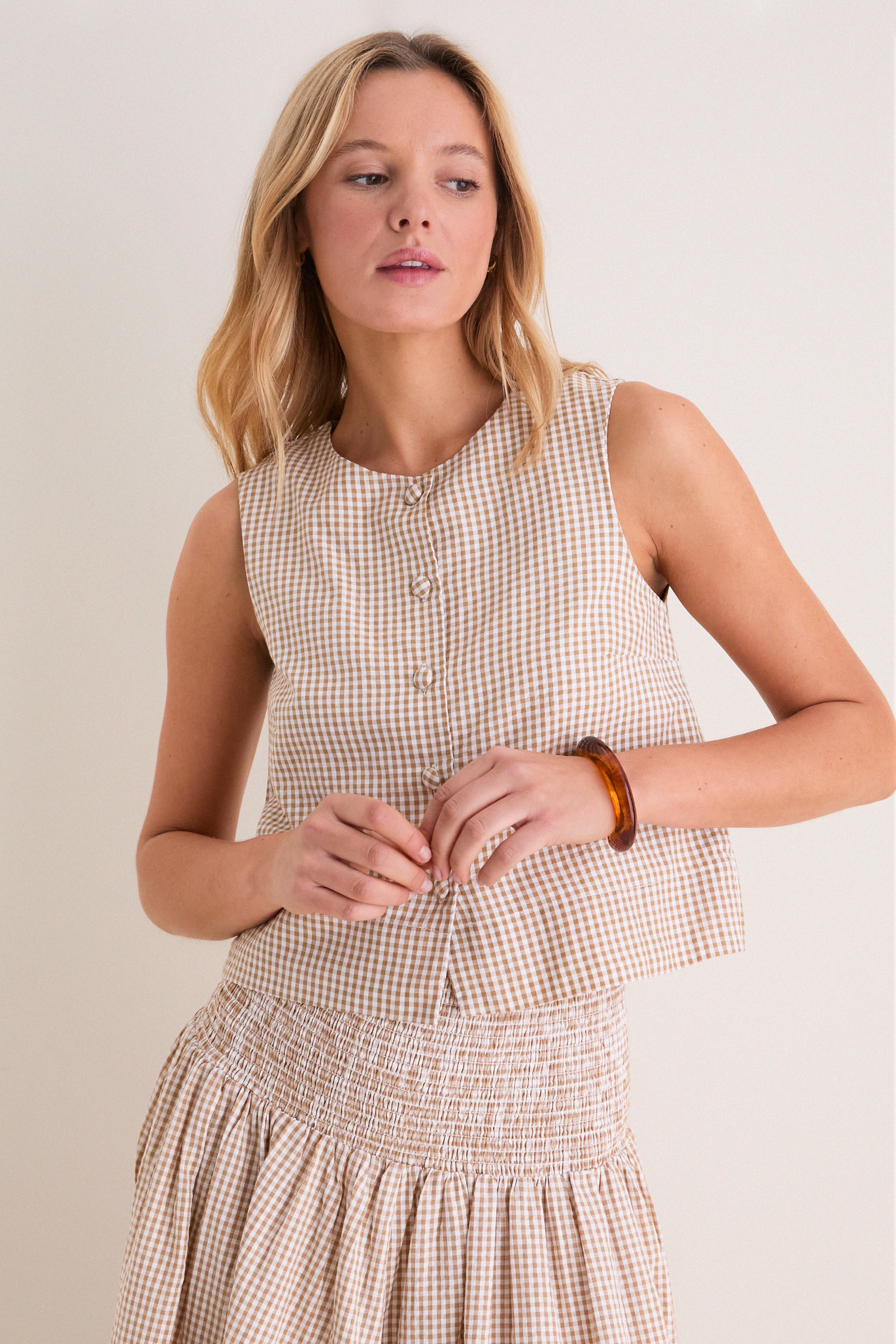 e*f様 CAMPGEEKS Bridge-top Cafe Check Button Front Wide Hem Top | Love Tomas by Emerson Fry