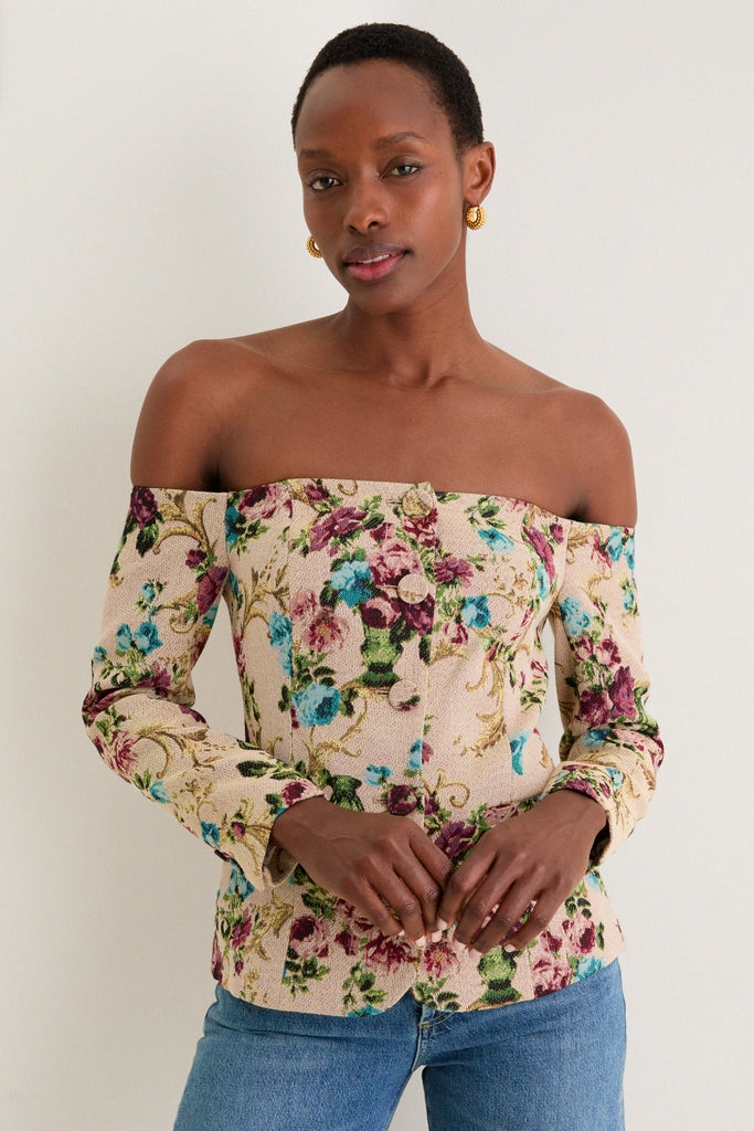 Multi Floral Tapestry Alice Off The Shoulder Blazer | L'AGENCE