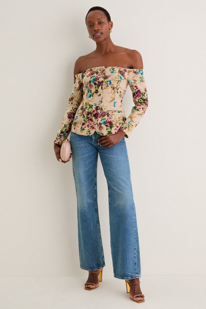 Multi Floral Tapestry Alice Off The Shoulder Blazer