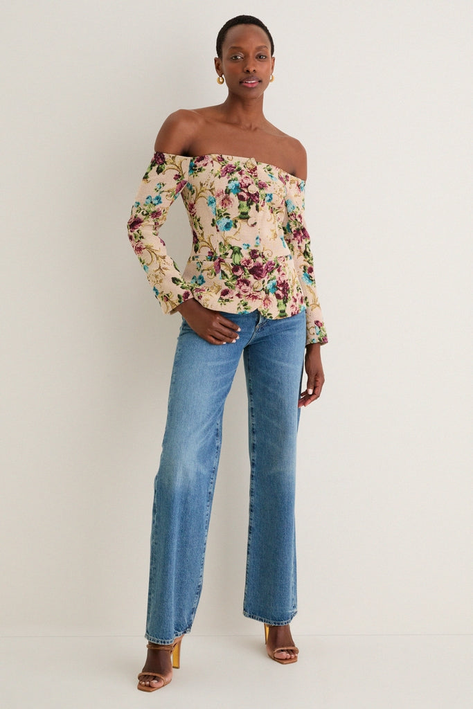 Multi Floral Tapestry Alice Off The Shoulder Blazer