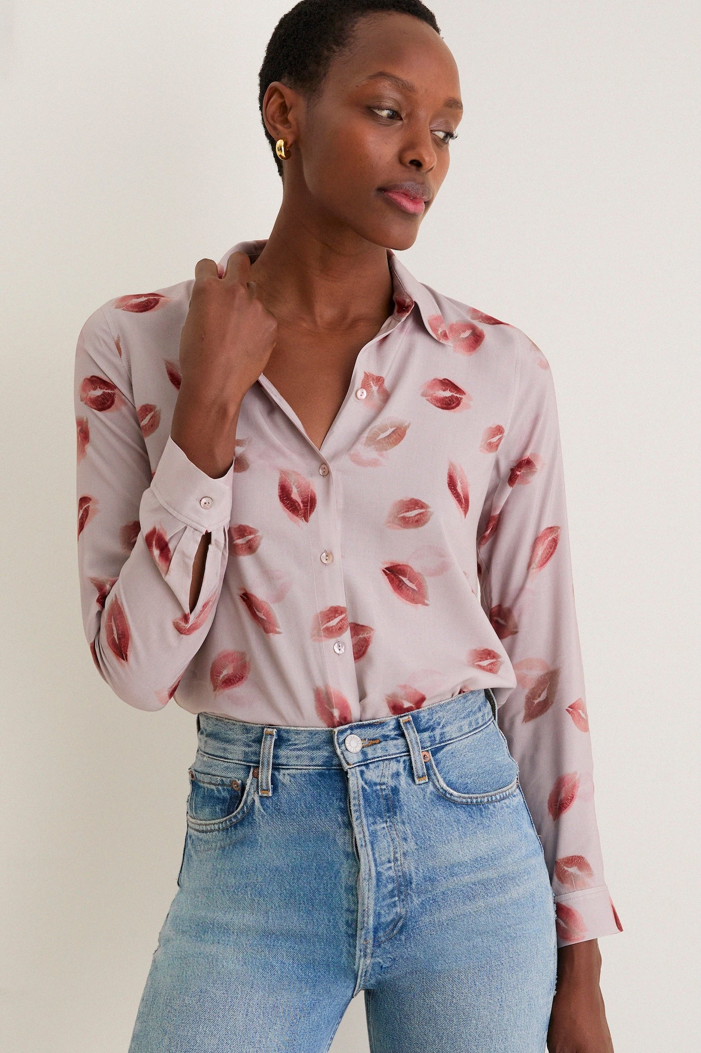 Taupe and Dark Red Kiss Holly Long Sleeve Blouse