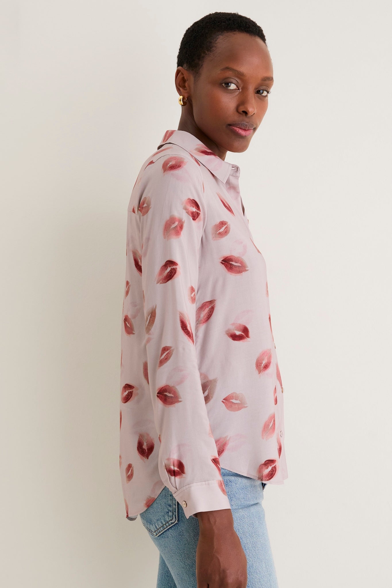 Taupe and Dark Red Kiss Holly Long Sleeve Blouse