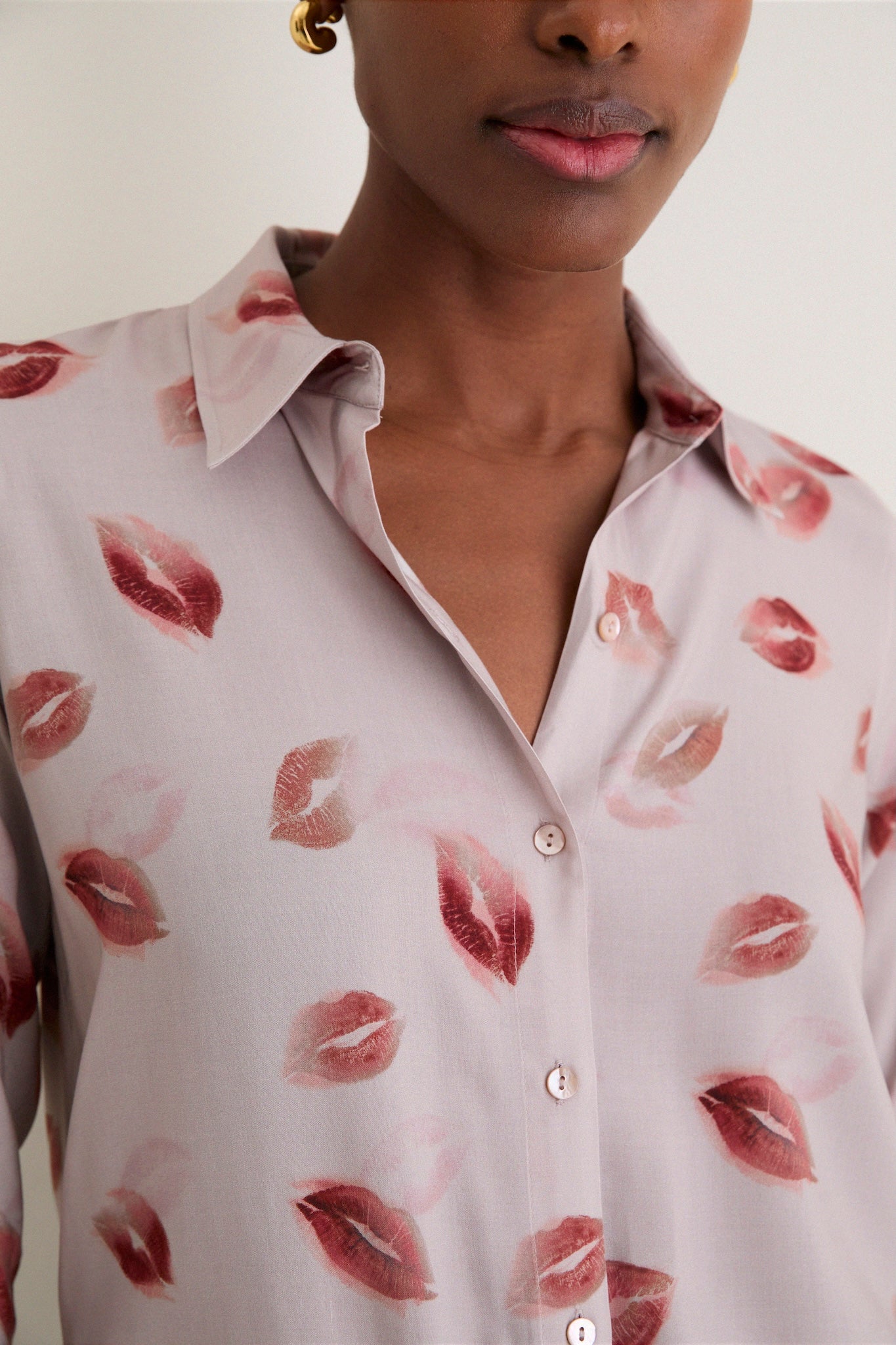 Taupe and Dark Red Kiss Holly Long Sleeve Blouse