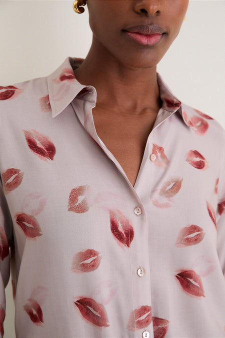 Taupe and Dark Red Kiss Holly Long Sleeve Blouse