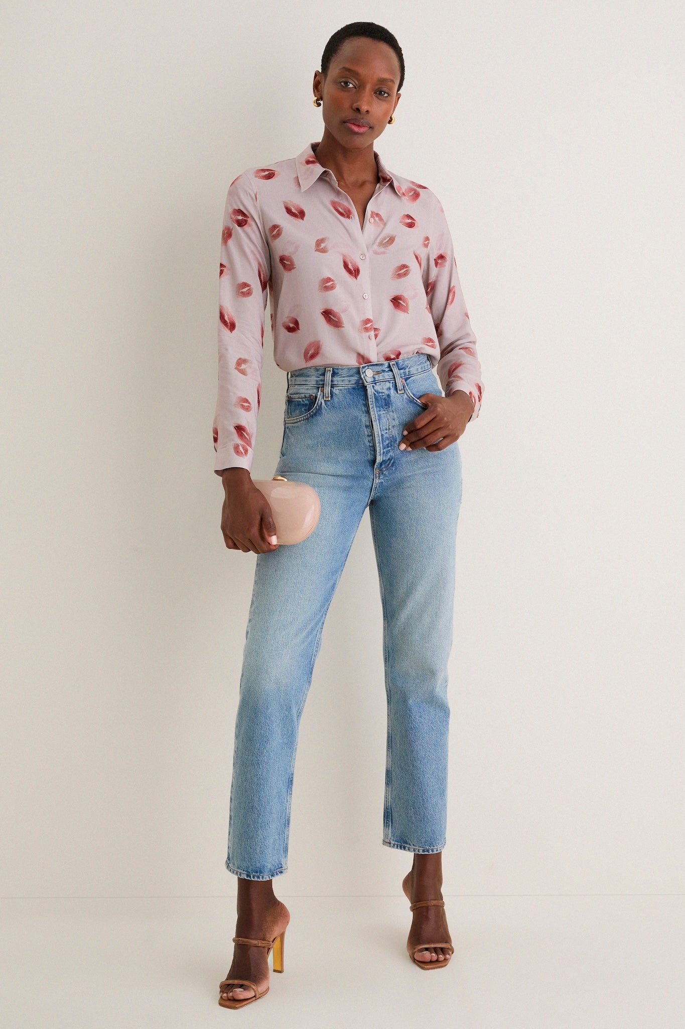 Taupe and Dark Red Kiss Holly Long Sleeve Blouse