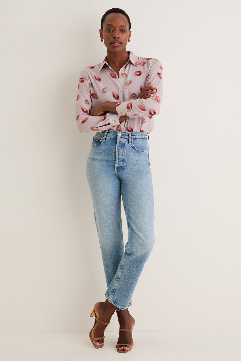 Taupe and Dark Red Kiss Holly Long Sleeve Blouse