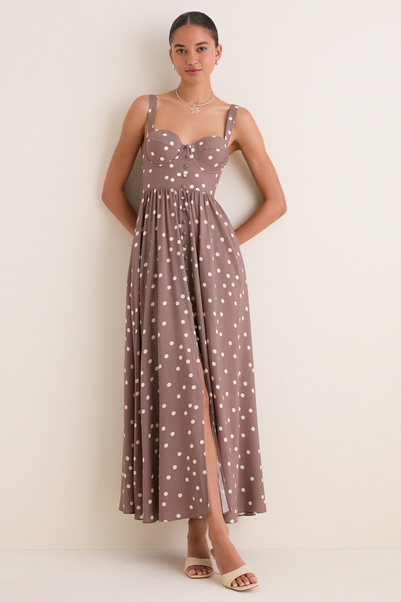Cardamom and Ecru Polka Dot Rosette Maxi Dress | L'AGENCE Cardamom and Ecru Polka Dot Rosette Maxi Dress | L'AGENCE