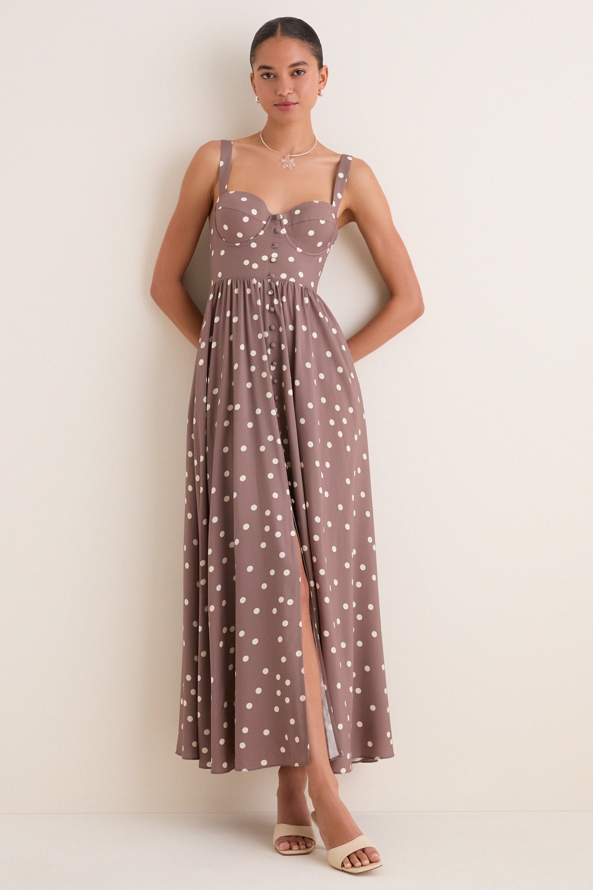Cardamom and Ecru Polka Dot Rosette Maxi Dress