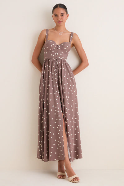 Cardamom and Ecru Polka Dot Rosette Maxi Dress | L'AGENCE