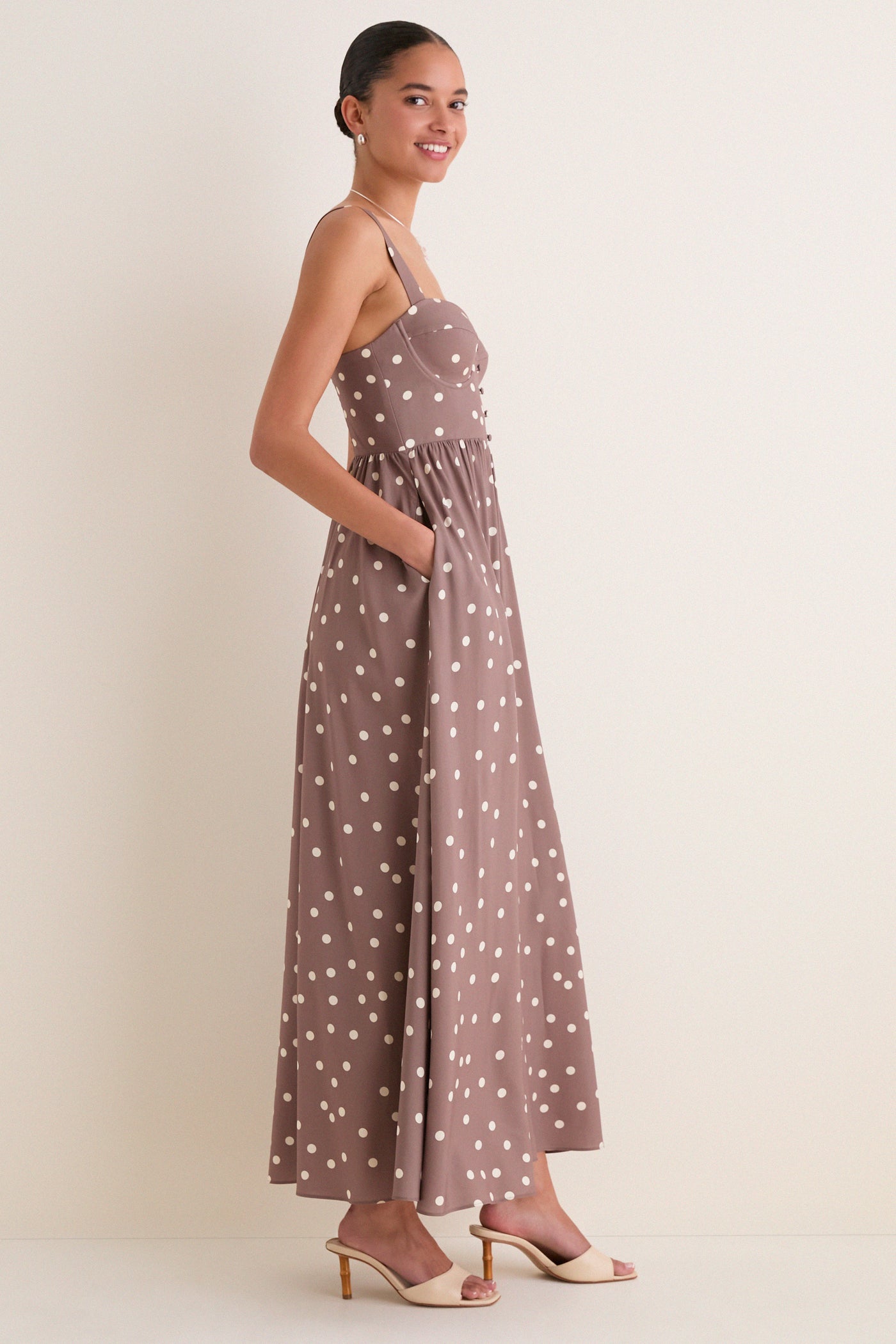 brown polka dot maxi dress Cardamom and Ecru Polka Dot Rosette Maxi Dress