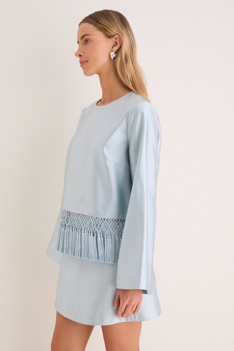 Pewter Blue Long Sleeve Maxine Tassel Top
