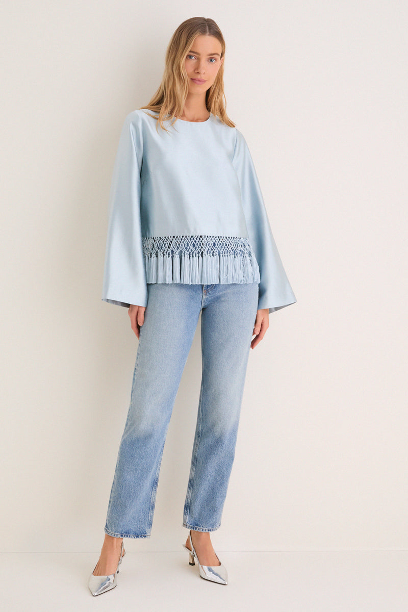 Pewter Blue Long Sleeve Maxine Tassel Top