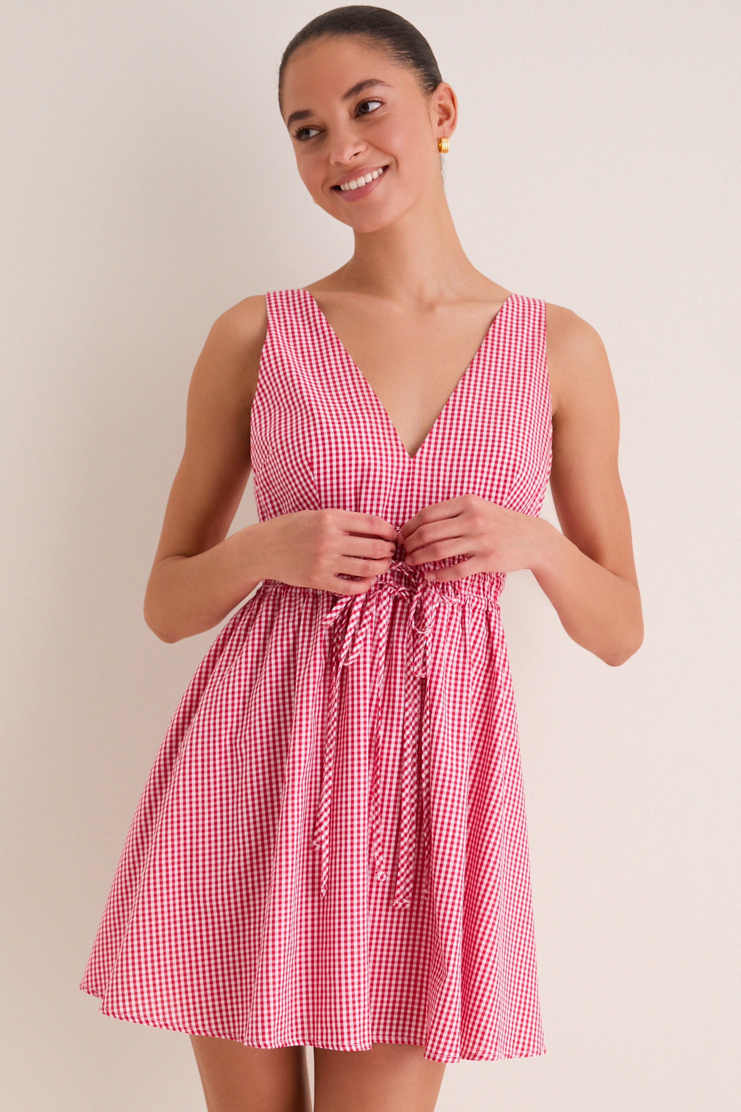 strapless open back dress Red Gingham Tessa Mini Dress
