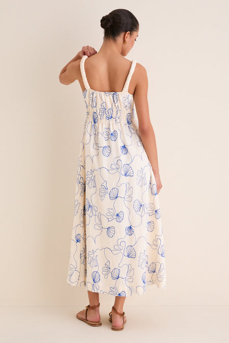 Cream & Royal Blue Embroidered Beverly Maxi Dress