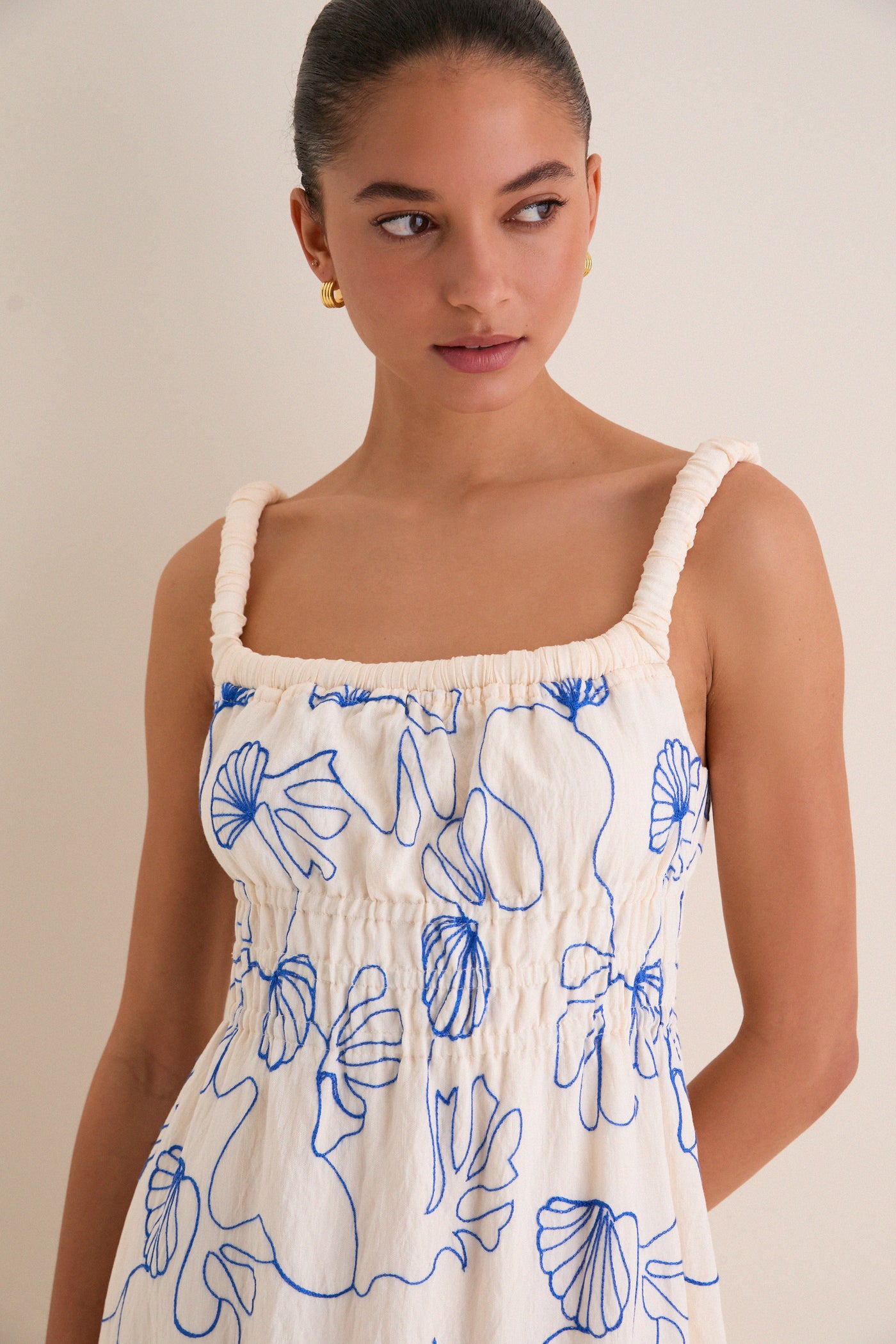 Hyacinth House Cream & Royal Blue Embroidered Beverly Maxi Dress Cream & Royal Blue Embroidered / L