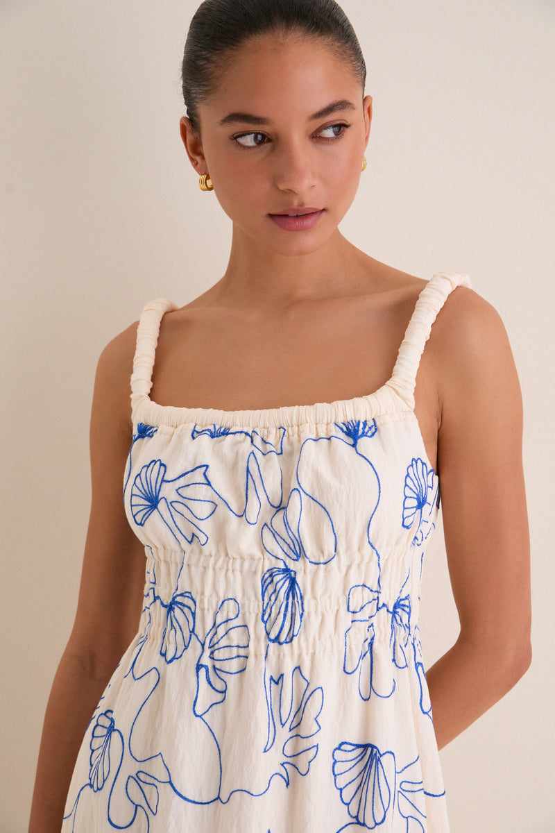 Cream & Royal Blue Embroidered Beverly Maxi Dress